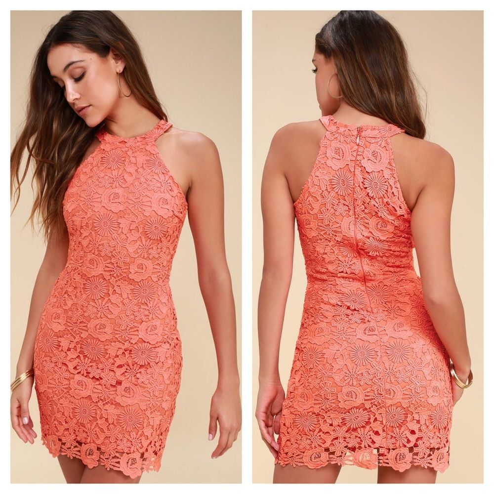 Lulu's Love Poem Coral Orange Lace Dress Size S